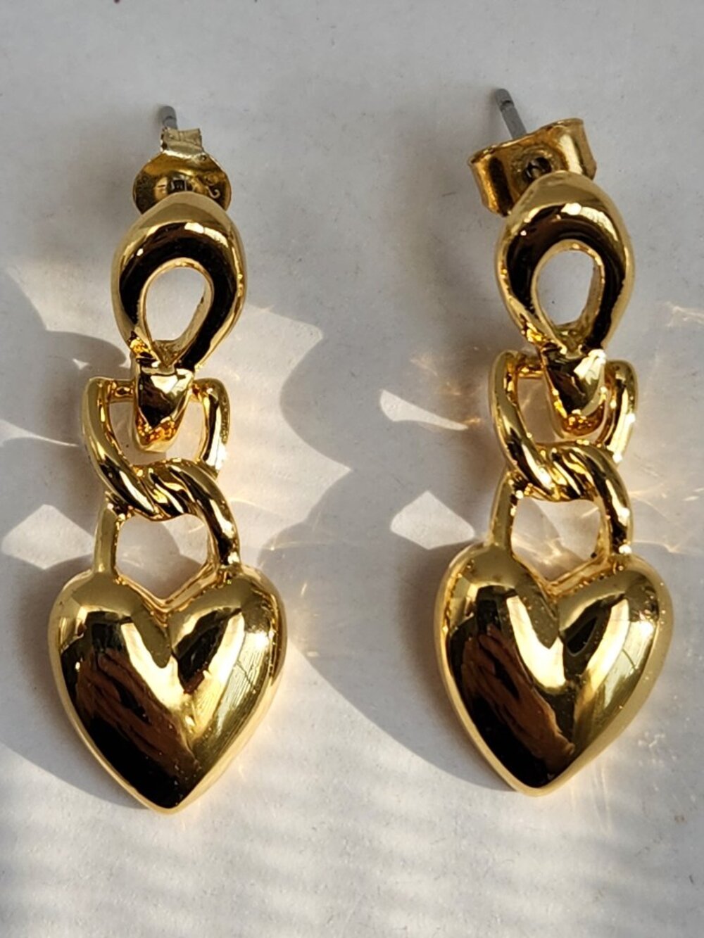 VTG Gold Clad Heart Drop Stud Earrings